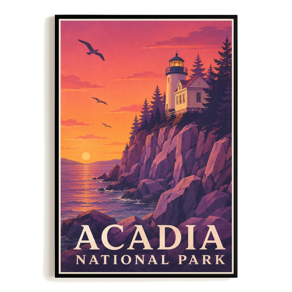 Acadia National Park Travel Poster Lighthouse Cliff Sunset Wall Art Vintage Landscape Print Painting Picture Ideal For Home Living Room Kitchen Decor Unframed | teecentury