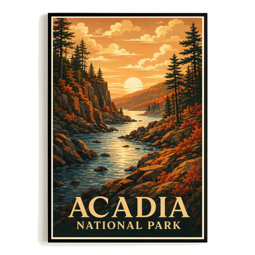 Acadia National Park Travel Poster Vintage Nature Sunset River American Landscape Art Print Souvenir Gift Decor For Home Living Room Office Bedroom Artwork Unframed | teecentury