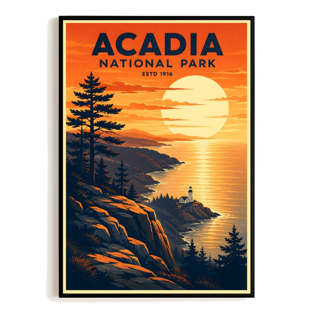 Acadia National Park Travel Poster Vintage Sunset Lighthouse Maine Wall Art Landscape Print Painting Picture For Home Living Room Office Bedroom Decor Unframed | teecentury