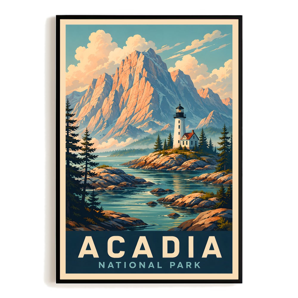 Acadia National Park Vintage Lighthouse Mountain Landscape Painting Wall Art Poster Rustic Coastal Home Decor Travel Art Print Souvenir Unframed | teecentury