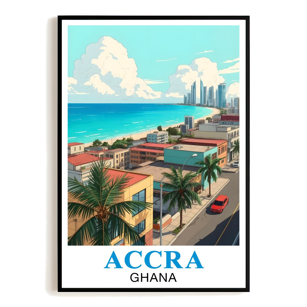 Accra Ghana Vintage Travel Poster Tropical Beach Cityscape Palm Trees Ocean View Souvenir Wall Art Landscape Print Ideal For Home Office Living Room Decor Unframed | teecentury