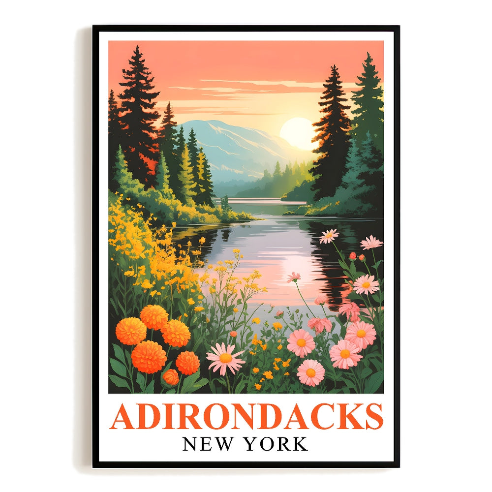 Adirondack Art Print Travel Poster Vintage Lake Mountains New York Travel Souvenir Wall Art Landscape Painting Ideal For Home Living Room Office Bedroom Decor Unframed | teecentury