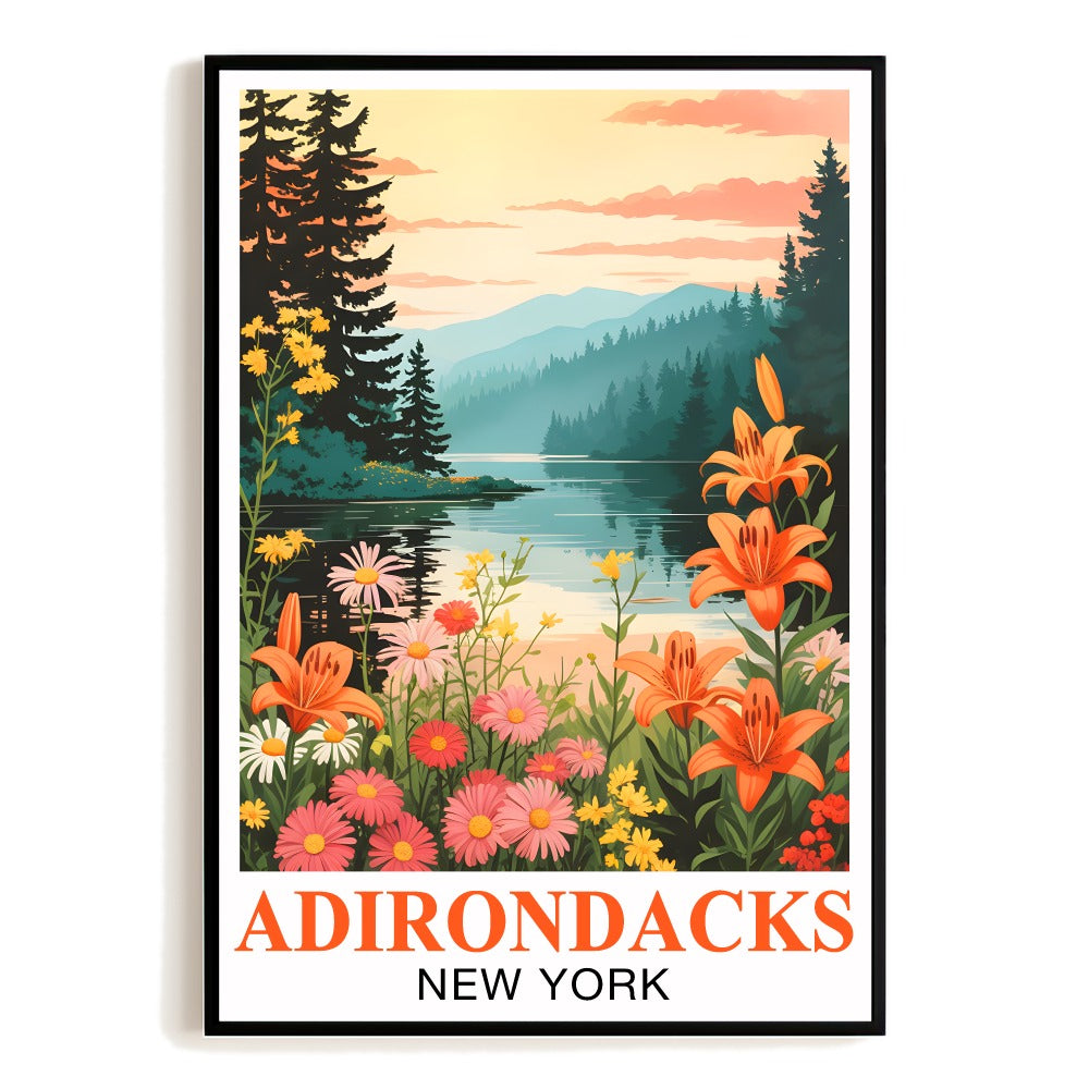 Adirondacks New York Vintage Travel Poster Lake Mountains Wall Art Green Blue Landscape Print Painting Ideal For Home Dorm Office Living Room Bedroom Decor Unframed | teecentury