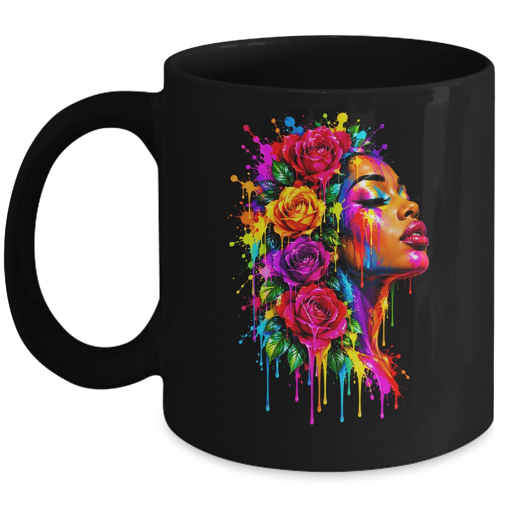African Afro Woman Color Painted Face Floral Dripping Women Mug | teecentury