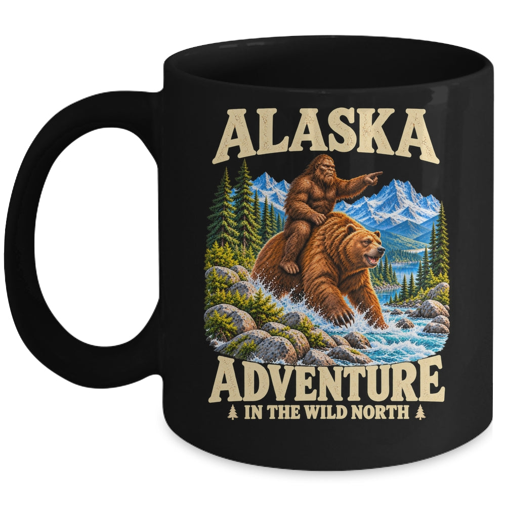 Alaska Bigfoot Riding A Bear Funny Sasquatch Vacation Mug | teecentury