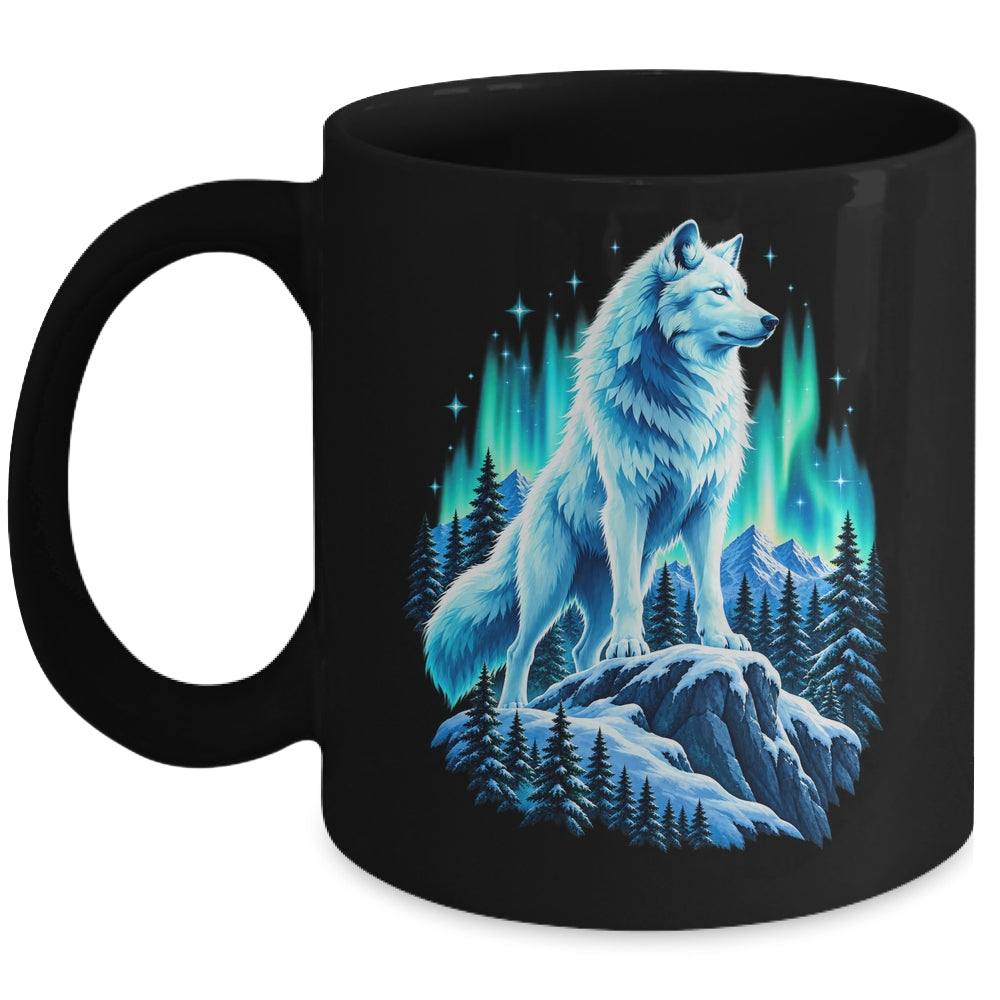 Alaska Northern Lights Arctic Up North White Wolf Lover Mug | teecentury