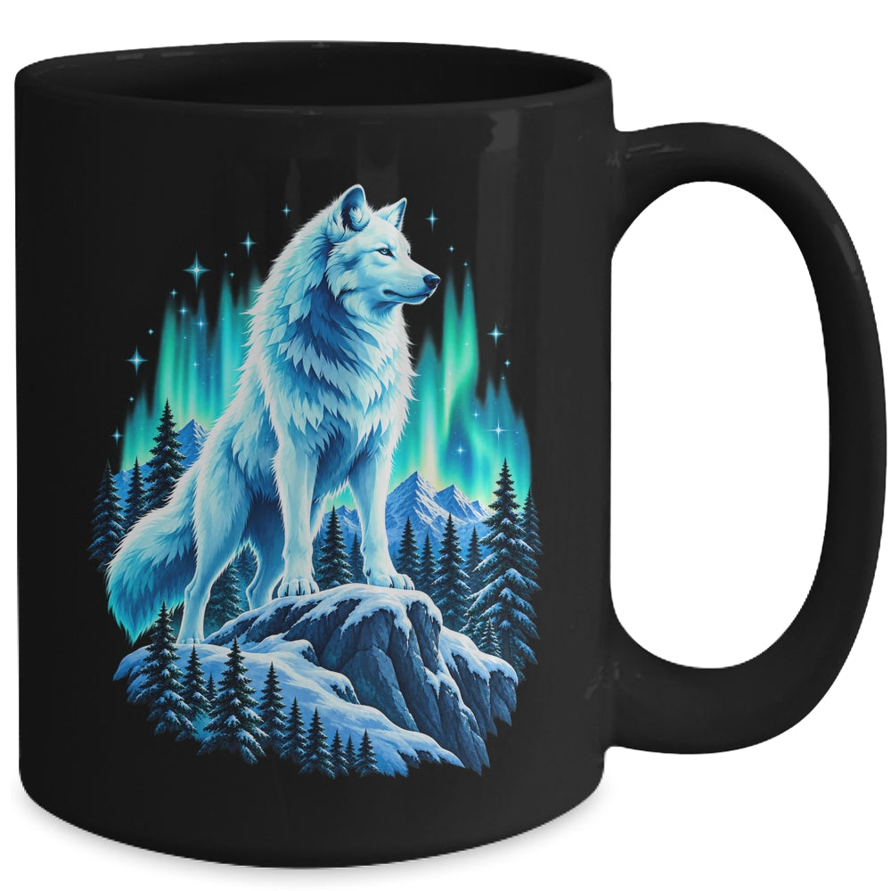 Alaska Northern Lights Arctic Up North White Wolf Lover Mug | teecentury