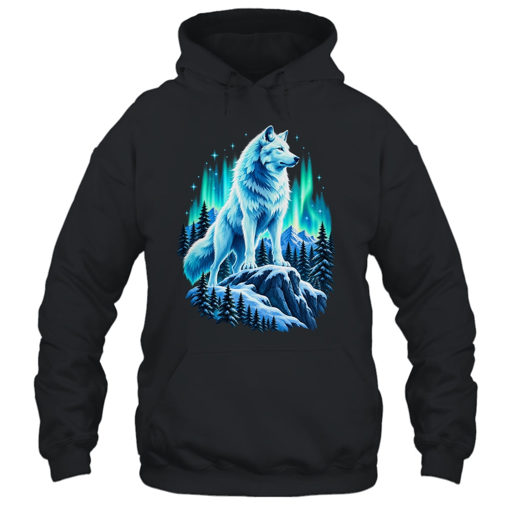 Alaska Northern Lights Arctic Up North White Wolf Lover Shirt & Hoodie | teecentury
