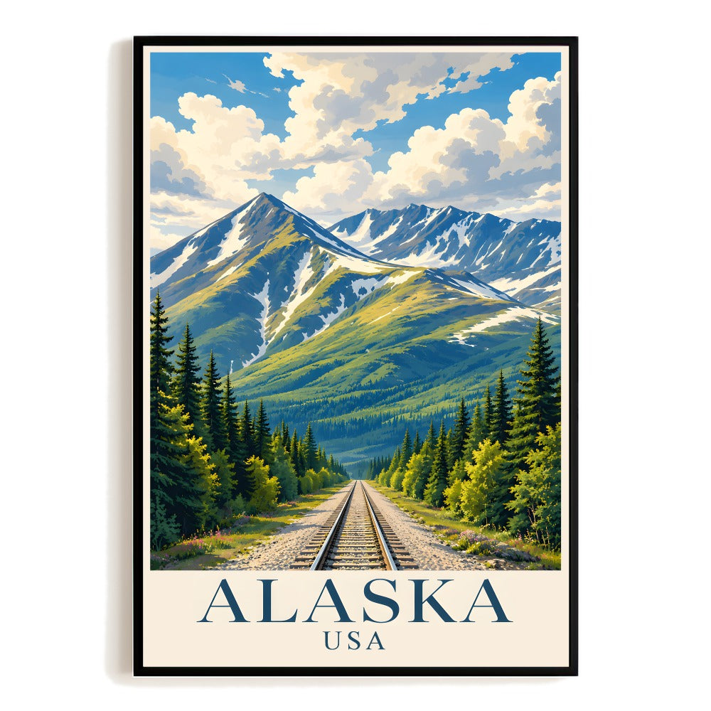 Alaska Usa Vintage Travel Poster Nature Mountain Road Adventure Landscape Railway Wall Art Decor For Home Living Room Office Bedroom Souvenir Print Unframed | teecentury