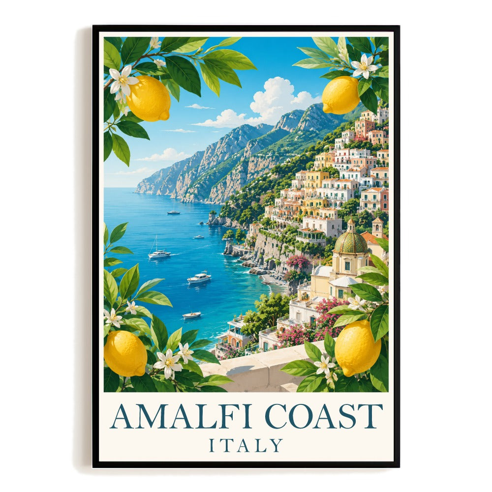Amalfi Coast Italy Vintage Travel Poster Mediterranean Coastal Town Lemon Landscape Wall Art Print For Home Living Room Office Decor Unframed | teecentury