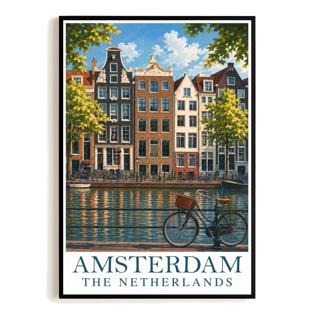 Amsterdam Netherlands Travel Poster Canal Houses Bicycle Wall Art Vintage Landscape Print Painting For Home Living Room Office Bedroom Decor Unframed | teecentury