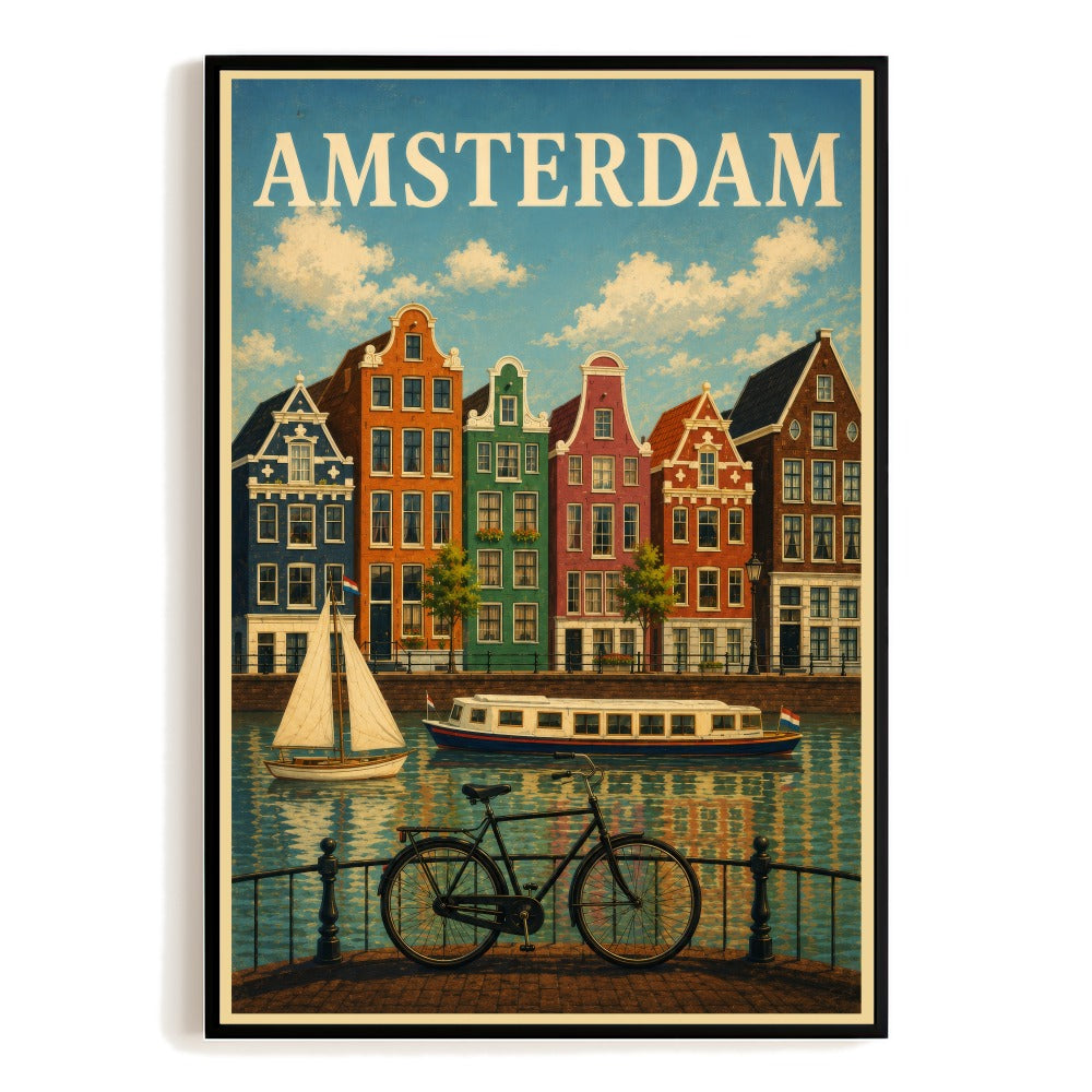 Amsterdam Netherlands Travel Poster Canal Houses Bicycle Wall Art Vintage Style Landscape Print Ideal For Home Living Room Office Bedroom Kitchen Decor Unframed | teecentury