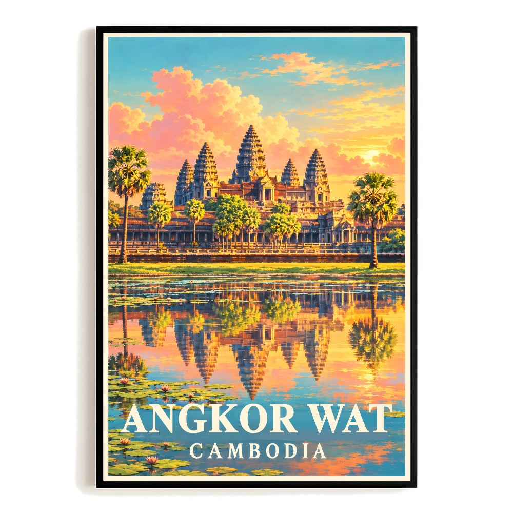 Angkor Wat Cambodia Temple Travel Poster Vintage Southeast Asia Landmark Wall Art Print Ancient Architecture Pictures Decor For Home Living Room Bedroom Gift Unframed | teecentury