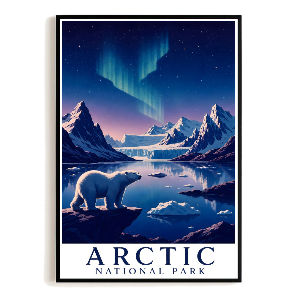 Arctic National Park Travel Poster Polar Bear Aurora Borealis Northern Lights Wall Art Vintage Landscape Print Winter Nature Decor For Home Living Room Office Unframed | teecentury