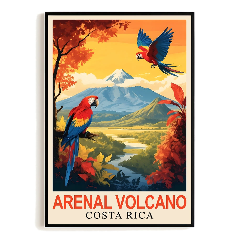Arenal Volcano Costa Rica Vintage Travel Souvenir Poster Parrot And Mountain Nature Wall Art Print Landscape Painting Ideal For Home Office Living Room Decor Unframed | teecentury