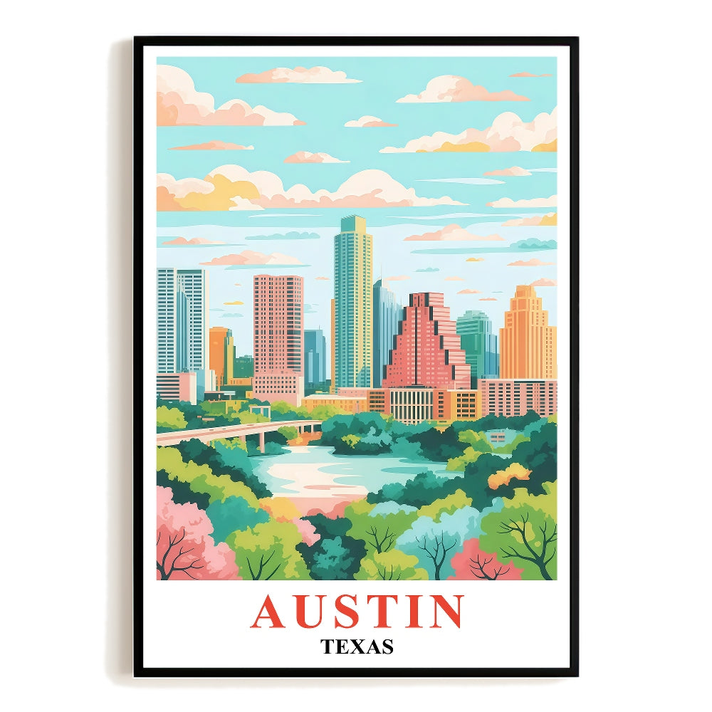 Austin Print Travel Vintage Poster Texas City Skyline Souvenir Wall Art Landscape Painting Picture Mountains For Home Room Living Room Office Bedroom Decor Unframed | teecentury