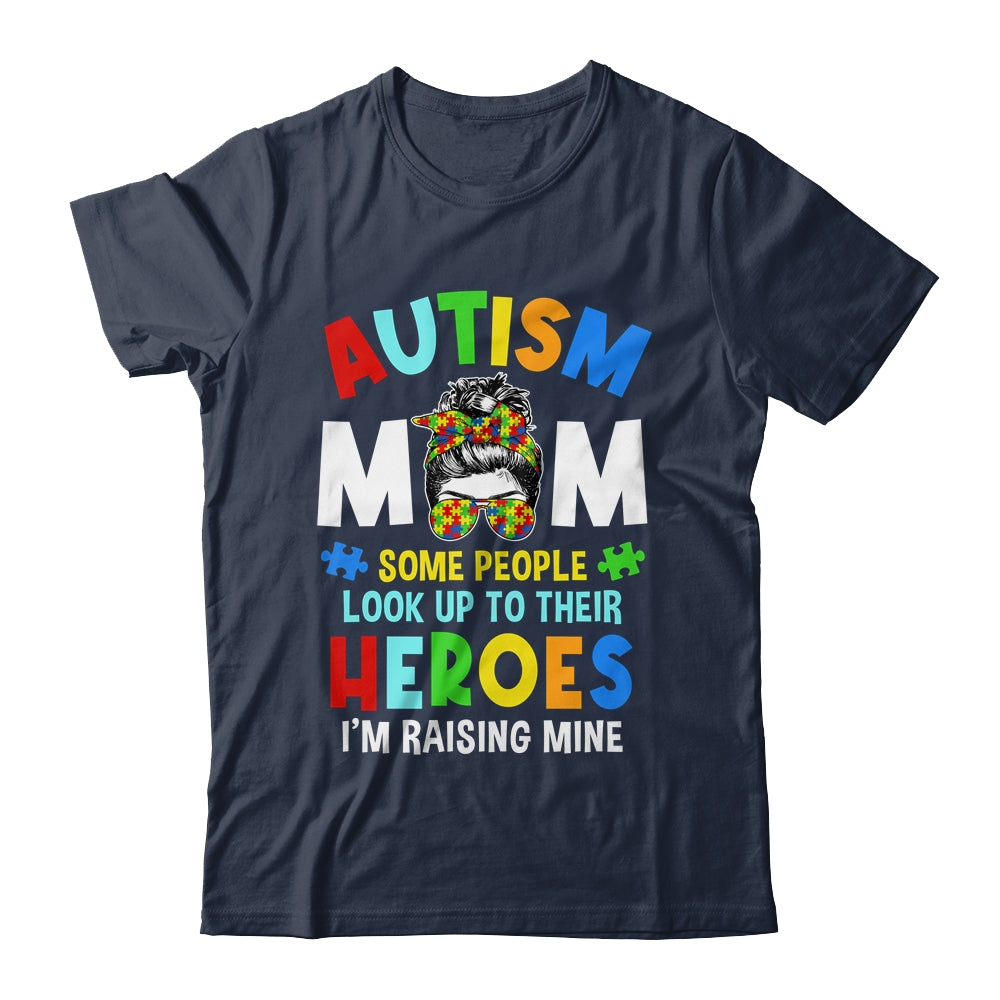 Autism Mom Raising Hero Groovy Messy Bun Autism Awareness Shirt & Tank Top | teecentury