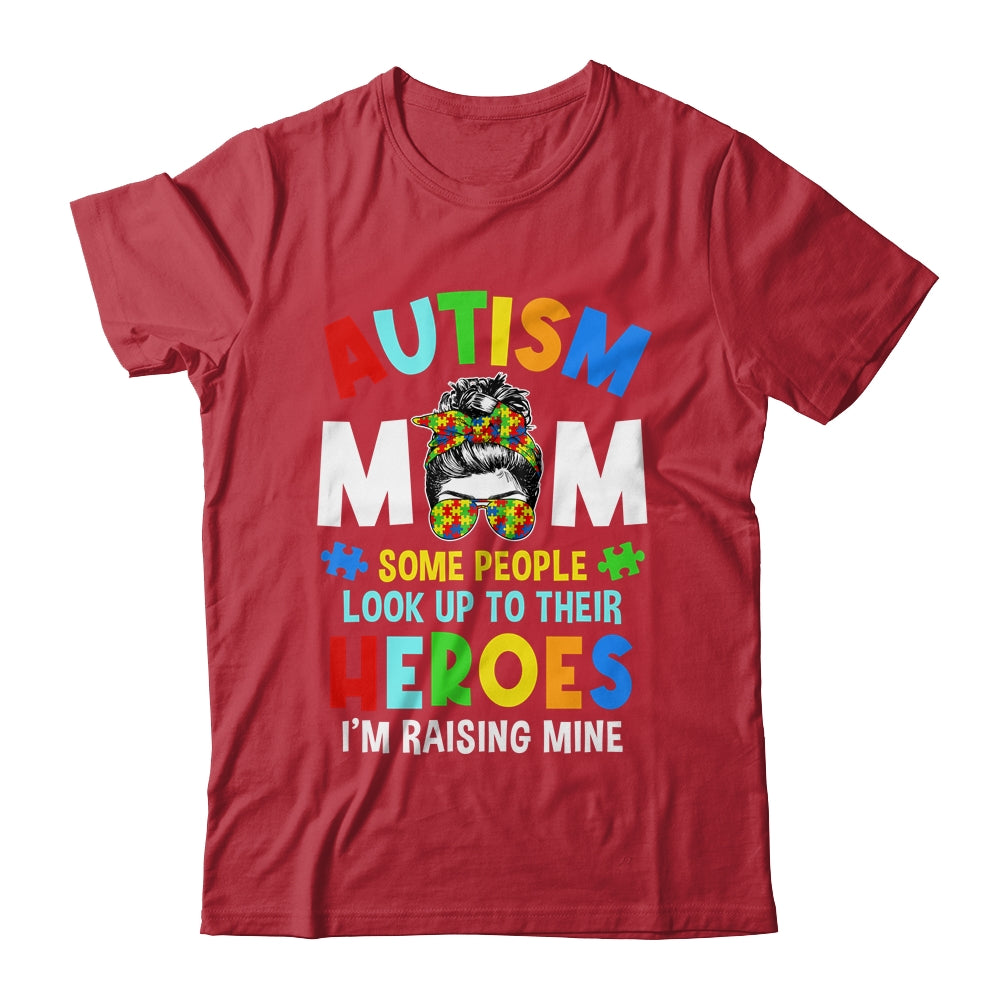 Autism Mom Raising Hero Groovy Messy Bun Autism Awareness Shirt & Tank Top | teecentury