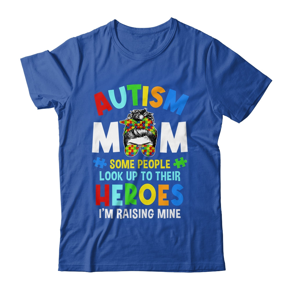 Autism Mom Raising Hero Groovy Messy Bun Autism Awareness Shirt & Tank Top | teecentury