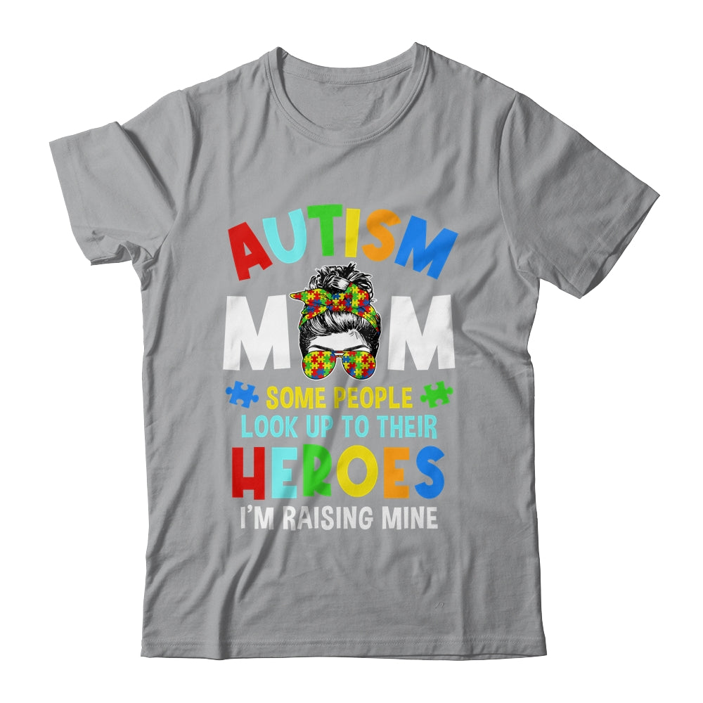 Autism Mom Raising Hero Groovy Messy Bun Autism Awareness Shirt & Tank Top | teecentury