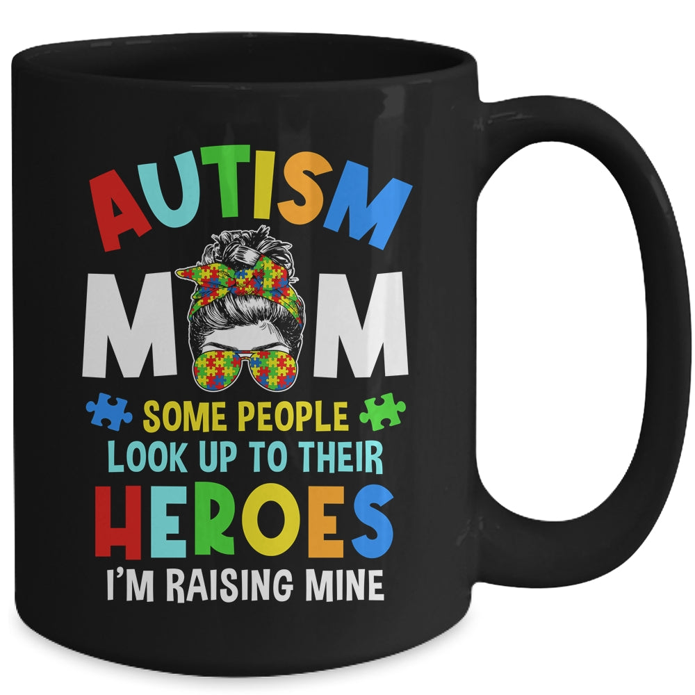 Autism Mom Raising Hero Groovy Messy Bun Autism Awareness Mug | teecentury