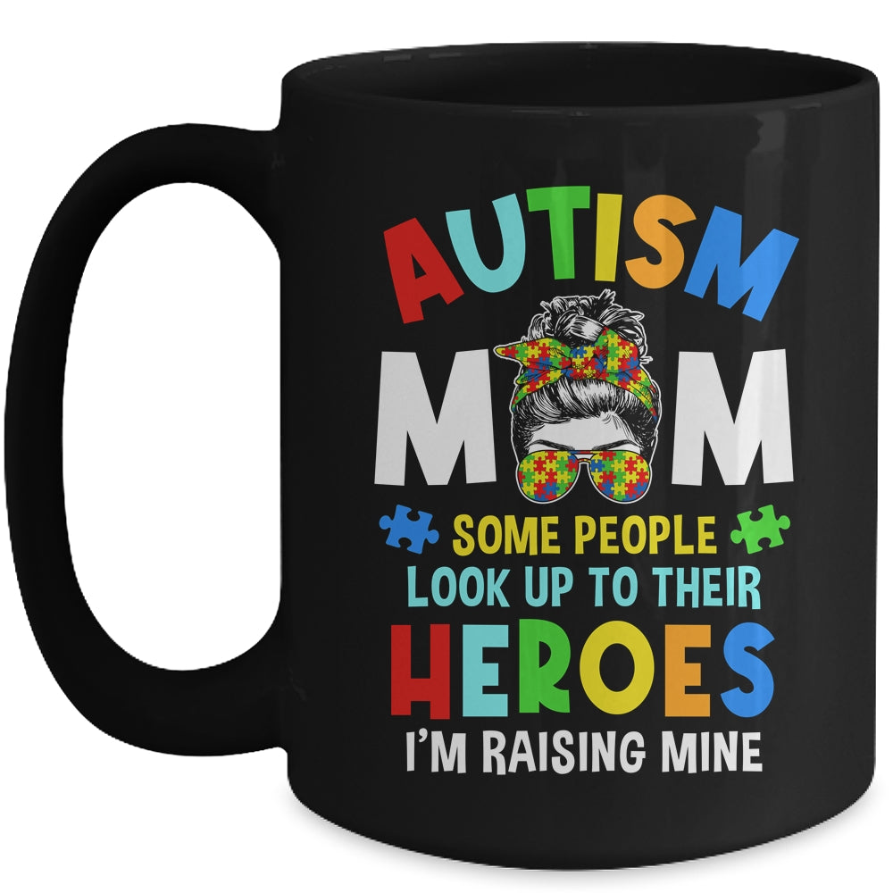 Autism Mom Raising Hero Groovy Messy Bun Autism Awareness Mug | teecentury
