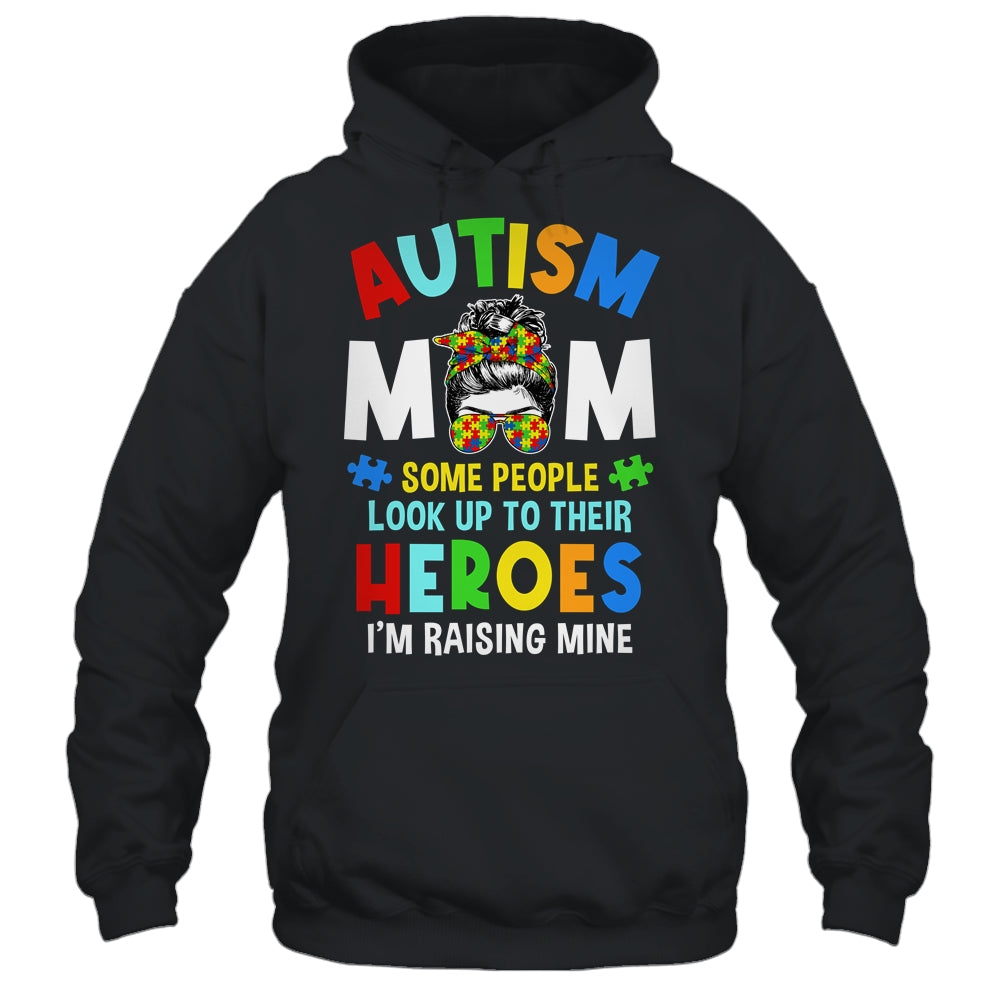 Autism Mom Raising Hero Groovy Messy Bun Autism Awareness Shirt & Tank Top | teecentury