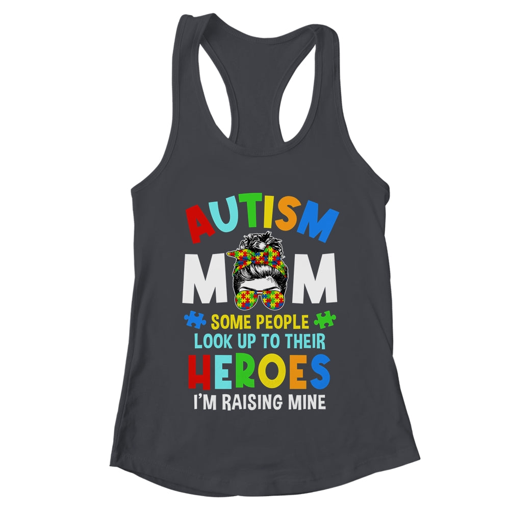 Autism Mom Raising Hero Groovy Messy Bun Autism Awareness Shirt & Tank Top | teecentury