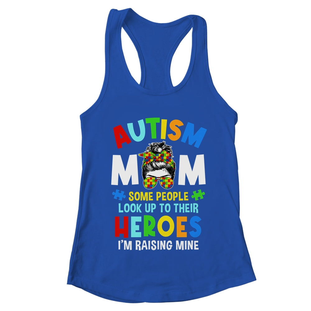 Autism Mom Raising Hero Groovy Messy Bun Autism Awareness Shirt & Tank Top | teecentury
