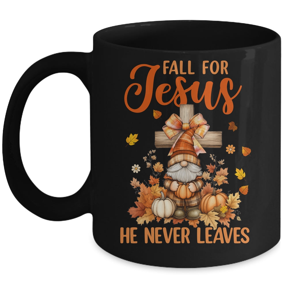 Autumn Gnome Cross Fall For Jesus He Never Leaves Christian Mug | teecentury