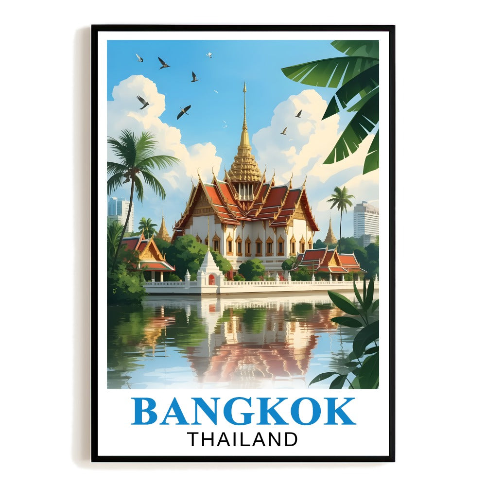 Bangkok Thailand Vintage Travel Poster Stunning Golden Temple River Landscape Souvenir Wall Art Print Picture Ideal For Home Office Living Room Bedroom Decor Unframed | teecentury