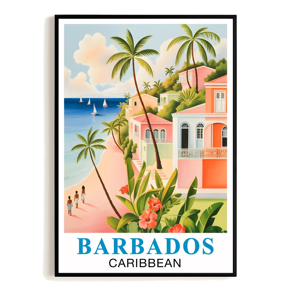 Barbados Caribbean Vintage Travel Poster Tropical Beach Palms Colorful Houses Souvenir Wall Art Landscape Print Ideal For Home Office Living Room Bedroom Decor Unframed | teecentury