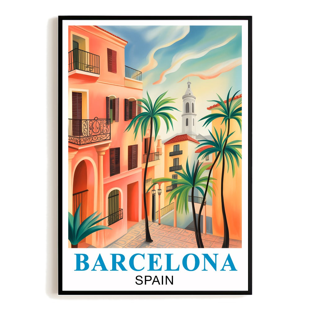Barcelona Spain Vintage Travel Poster Cityscape Palm Trees Buildings Sunset Wall Art Landscape Print Painting Ideal For Home Office Living Room Bedroom Decor Unframed | teecentury