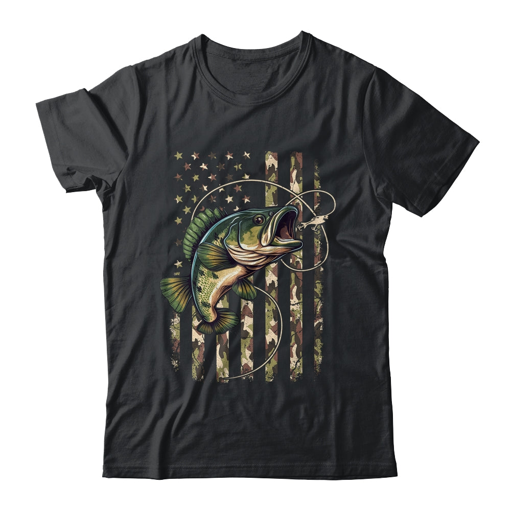 Bass Fish Fishing USA American Flag Camouflage Fisherman Gift T-shirts unisex Tees Black/S