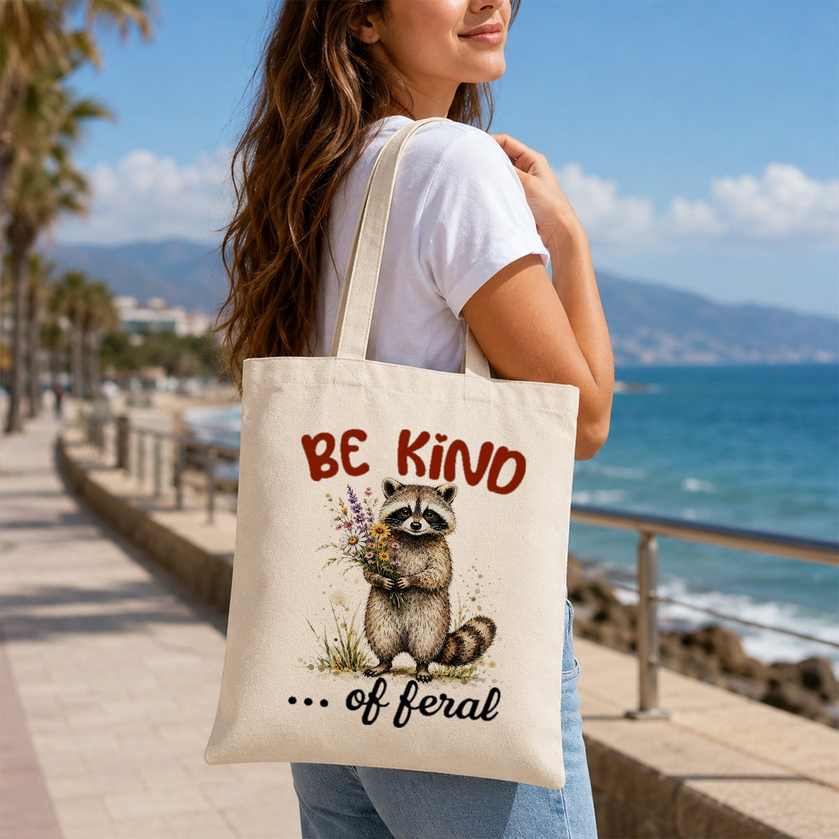 Be Kind Of Feral Raccoon Canvas Tote Bag Cute Raccoon Aesthetic Women Reusable Shopping Daily Use Shoulder Bag Humor Gift Canvas Tote | teecentury