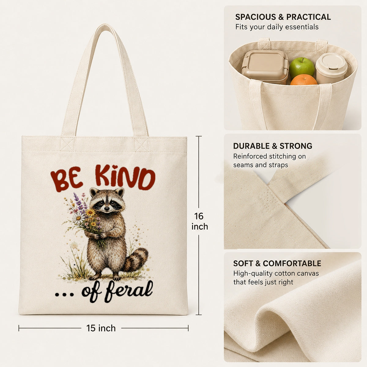 Be Kind Of Feral Raccoon Canvas Tote Bag Cute Raccoon Aesthetic Women Reusable Shopping Daily Use Shoulder Bag Humor Gift Canvas Tote | teecentury