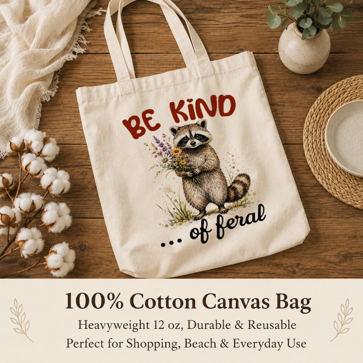 Be Kind Of Feral Raccoon Canvas Tote Bag Cute Raccoon Aesthetic Women Reusable Shopping Daily Use Shoulder Bag Humor Gift Canvas Tote | teecentury
