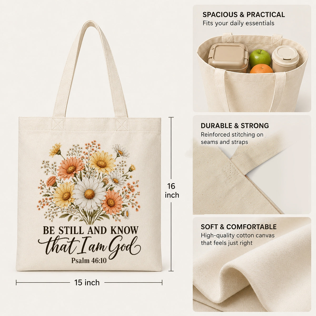 Be Still And Know That I Am God Psalm 46 10 Floral Christian Gift Tote Bag For Women Church Canvas Bag Bible Verse Faith Religious For Daily Use Shopping Beach Travel | teecentury