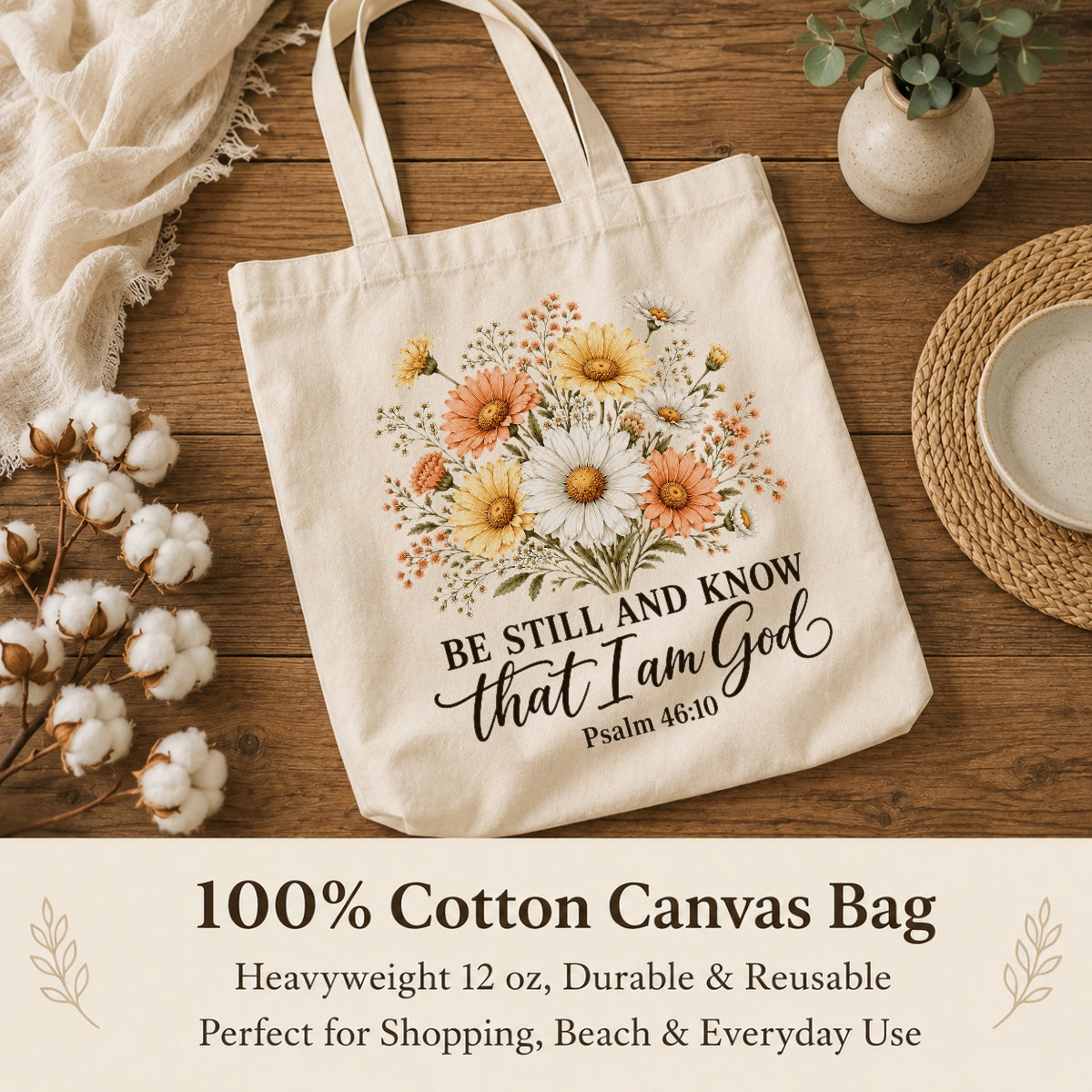 Be Still And Know That I Am God Psalm 46 10 Floral Christian Gift Tote Bag For Women Church Canvas Bag Bible Verse Faith Religious For Daily Use Shopping Beach Travel | teecentury
