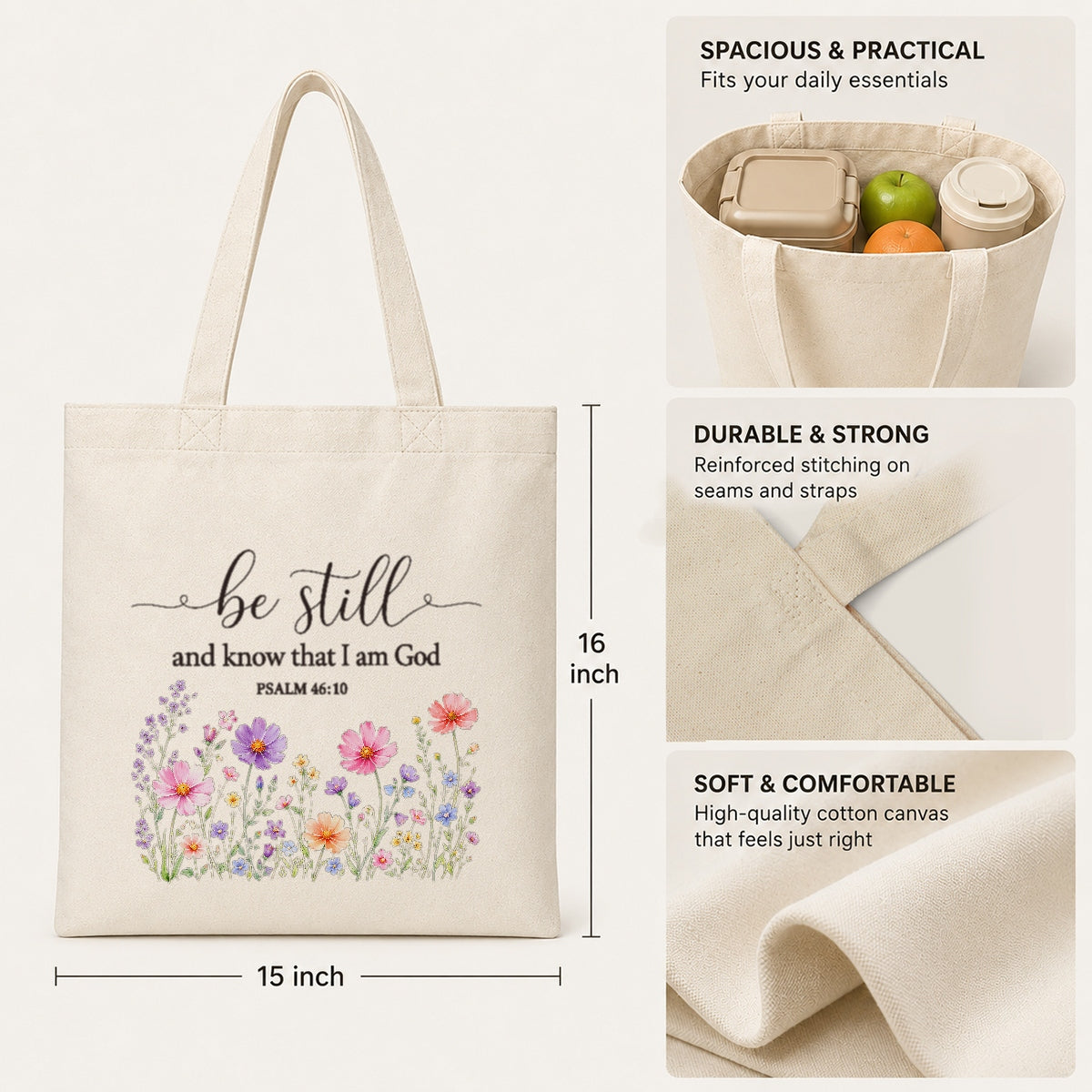Be Still And Know That I Am God Psalm 46 10 Floral Christian Tote Bag For Women Church Canvas Bag Bible Verse Faith Religious Gift For Daily Use Shopping Beach Travel | teecentury