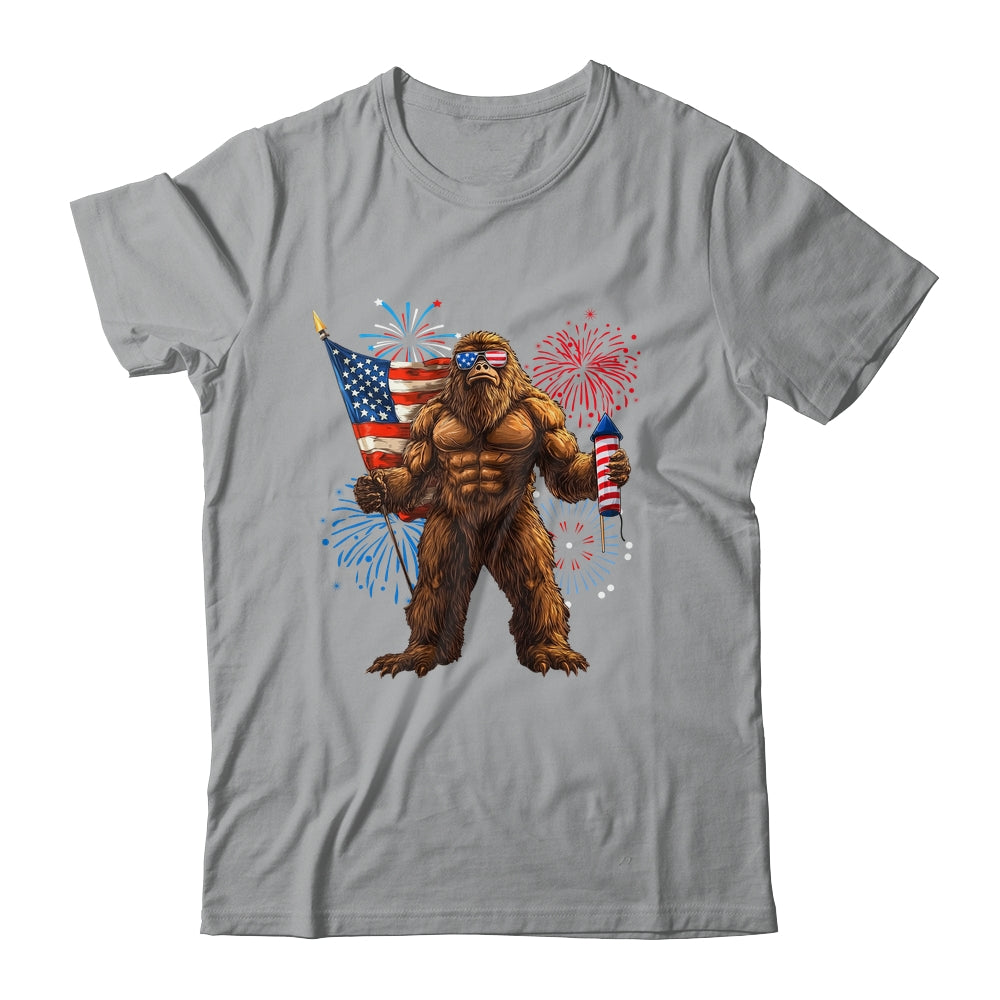 Bigfoot Fireworks 4th Of July Men Sasquatch American US Flag Shirt & Tank Top | teecentury