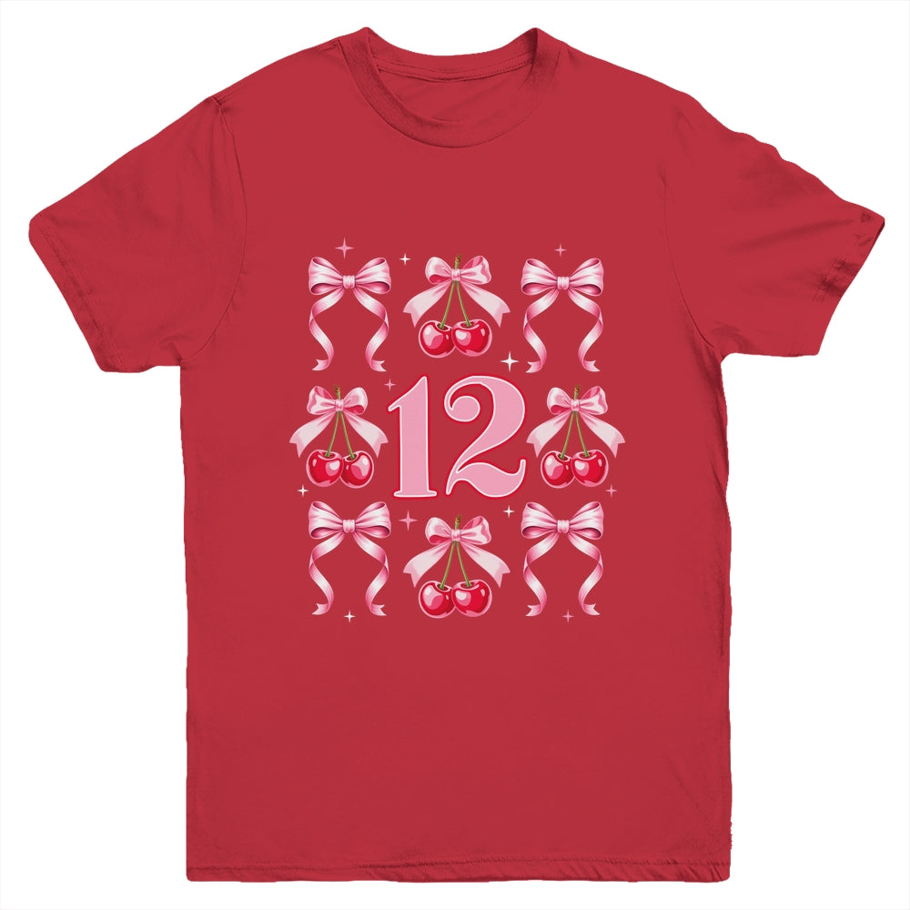 Birthday Girl 12th Birthday Cherry Coquette Bow 12 Years Old Youth Shirt | teecentury