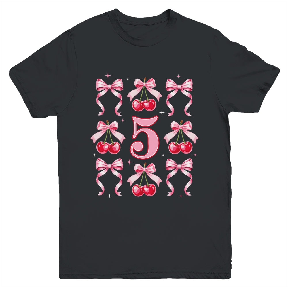 Birthday Girl 5th Birthday Cherry Coquette Bow 5 Years Old Youth Shirt | teecentury