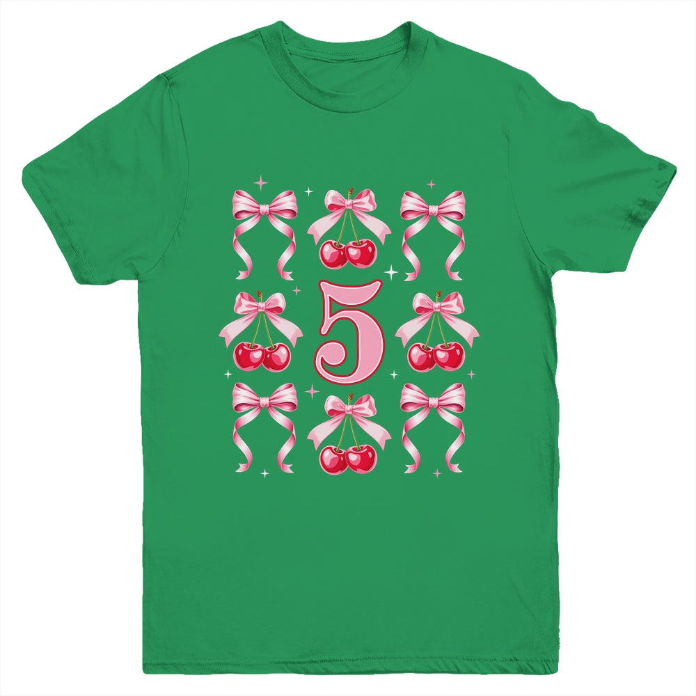 Birthday Girl 5th Birthday Cherry Coquette Bow 5 Years Old Youth Shirt | teecentury