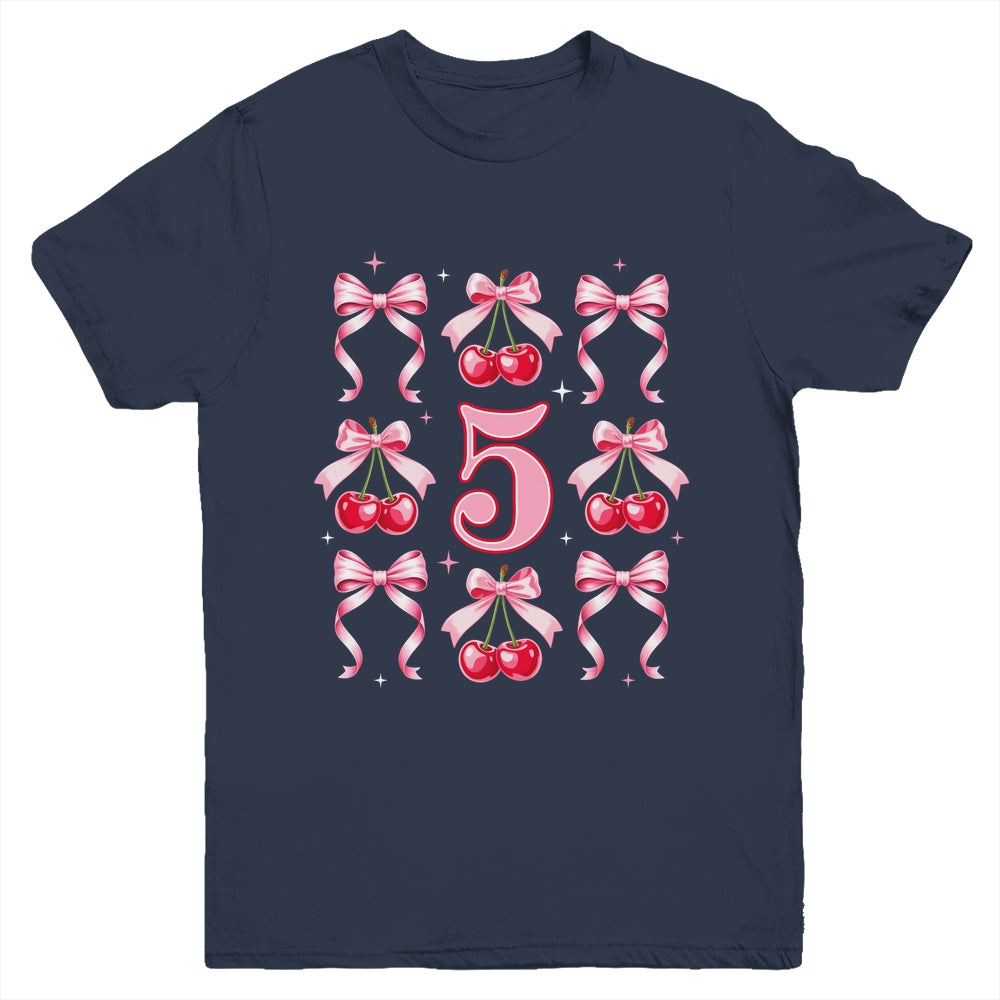 Birthday Girl 5th Birthday Cherry Coquette Bow 5 Years Old Youth Shirt | teecentury