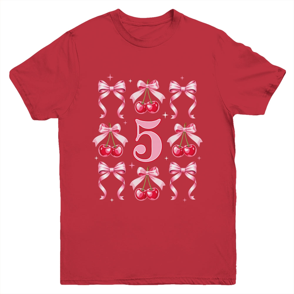 Birthday Girl 5th Birthday Cherry Coquette Bow 5 Years Old Youth Shirt | teecentury