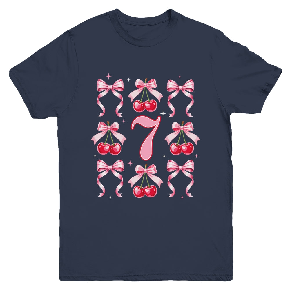 Birthday Girl 7th Birthday Cherry Coquette Bow 7 Years Old Youth Shirt | teecentury