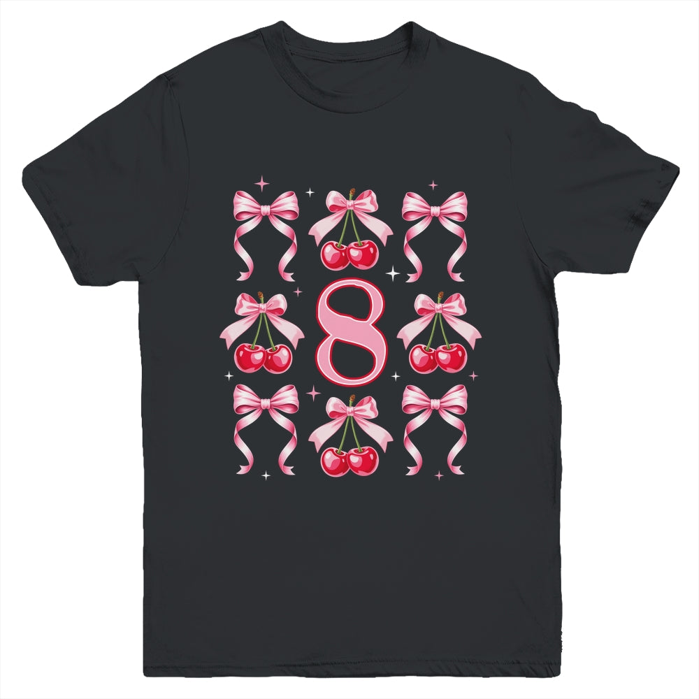 Birthday Girl 8th Birthday Cherry Coquette Bow 8 Years Old Youth Shirt | teecentury