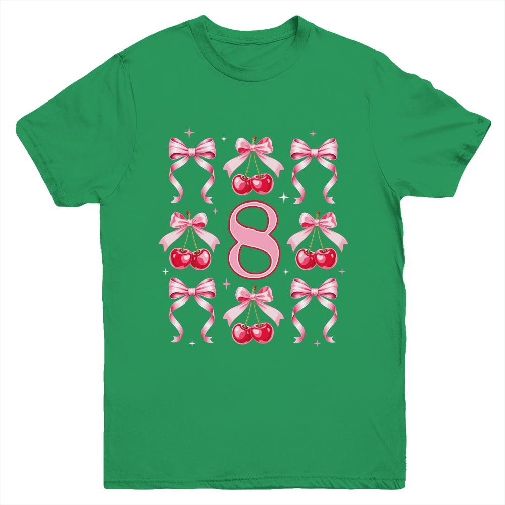 Birthday Girl 8th Birthday Cherry Coquette Bow 8 Years Old Youth Shirt | teecentury