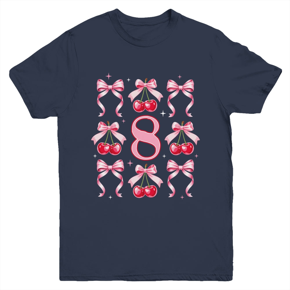 Birthday Girl 8th Birthday Cherry Coquette Bow 8 Years Old Youth Shirt | teecentury